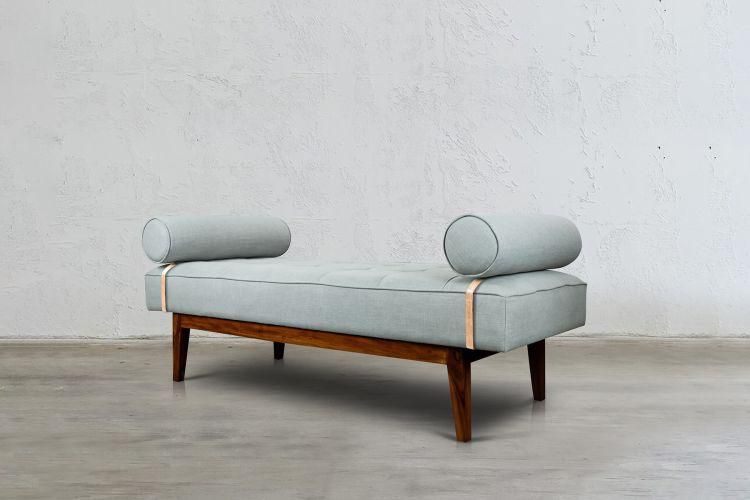 Upholstered Daybed — Walnut frame, bolster cushions