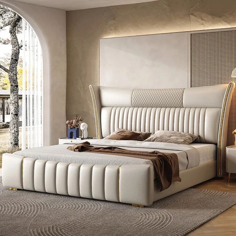 Upholstered Bed — Channel detailing, brass trim