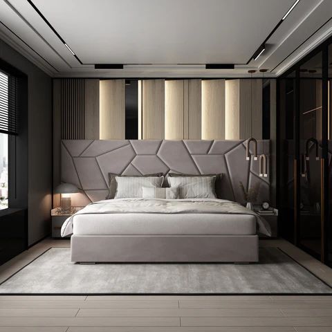Upholstered Headboard — Geometric panel detail