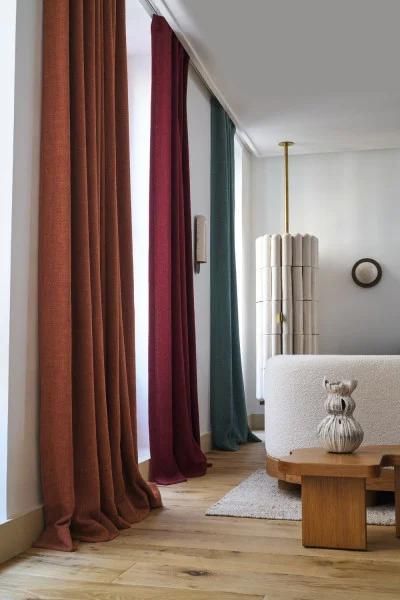 Curtain Drapery — Rust, wine & teal linen