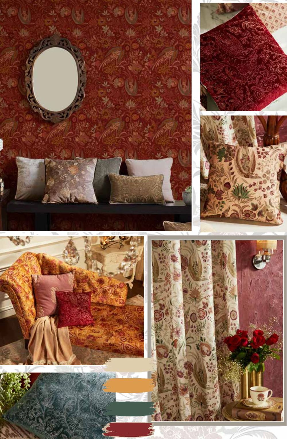 Floral Wallcovering & Velvet — Styled vignette