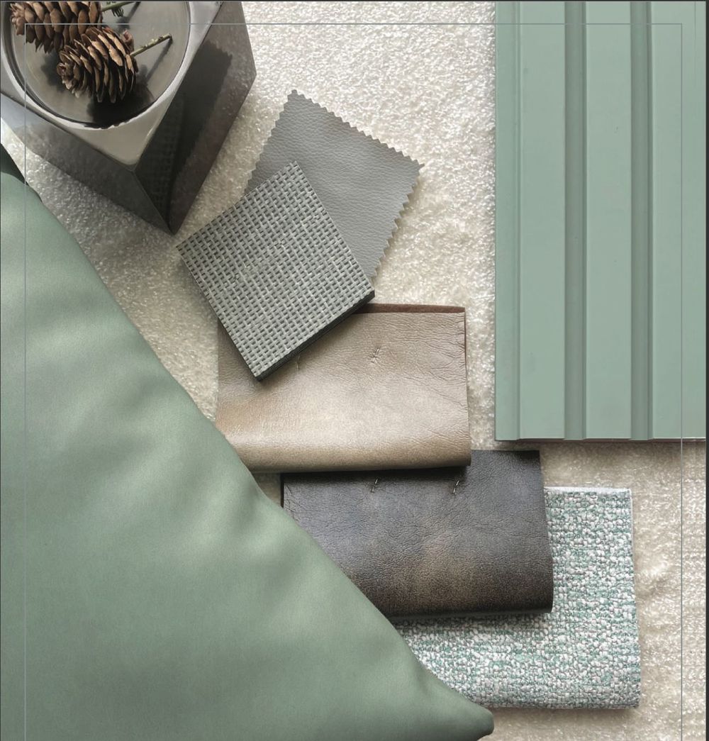 Fabric & Leather Swatches — Sage & neutral tones